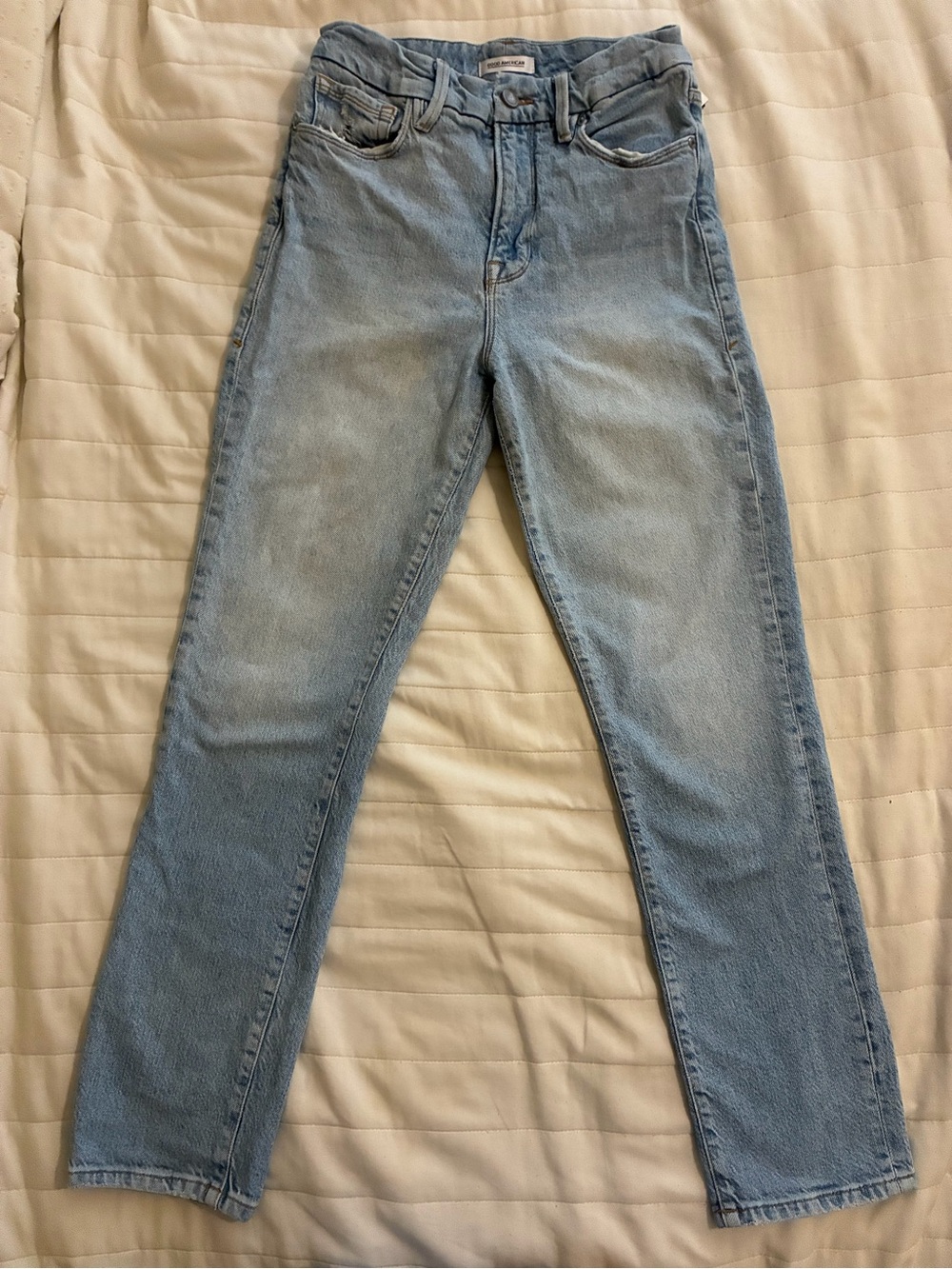 Good American Light Blue Washed Women's Straight-Leg Distressed Jeans 4/27